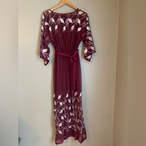 70s Victor Costa Maxi Dress sheer embroidered belted buttons down the back - Picture 7 of 11